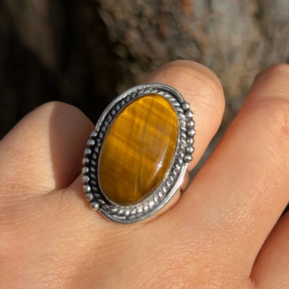 Size 6.5 925 silver plated flashy tiger eye‎ ring 0944